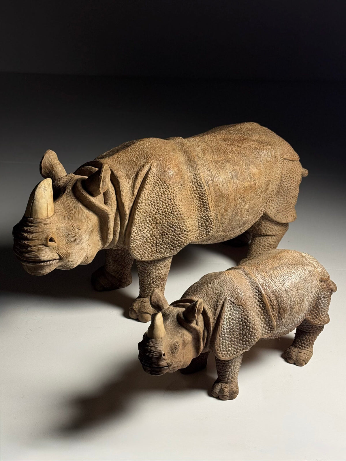 Hand Carved Asian Rhinoceros and Calf, South East Asia, c. 1960, photo 4
