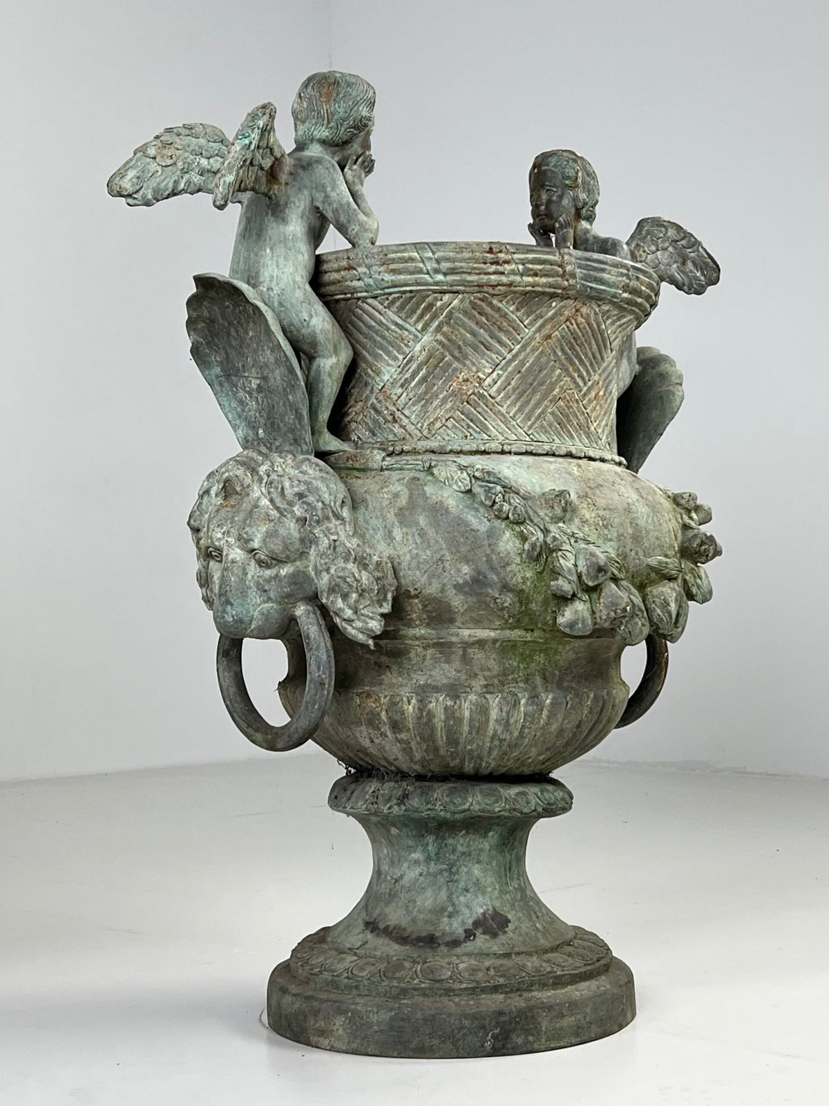 Pair of Large Bronze Garden Urns with Seated Angels, photo 14