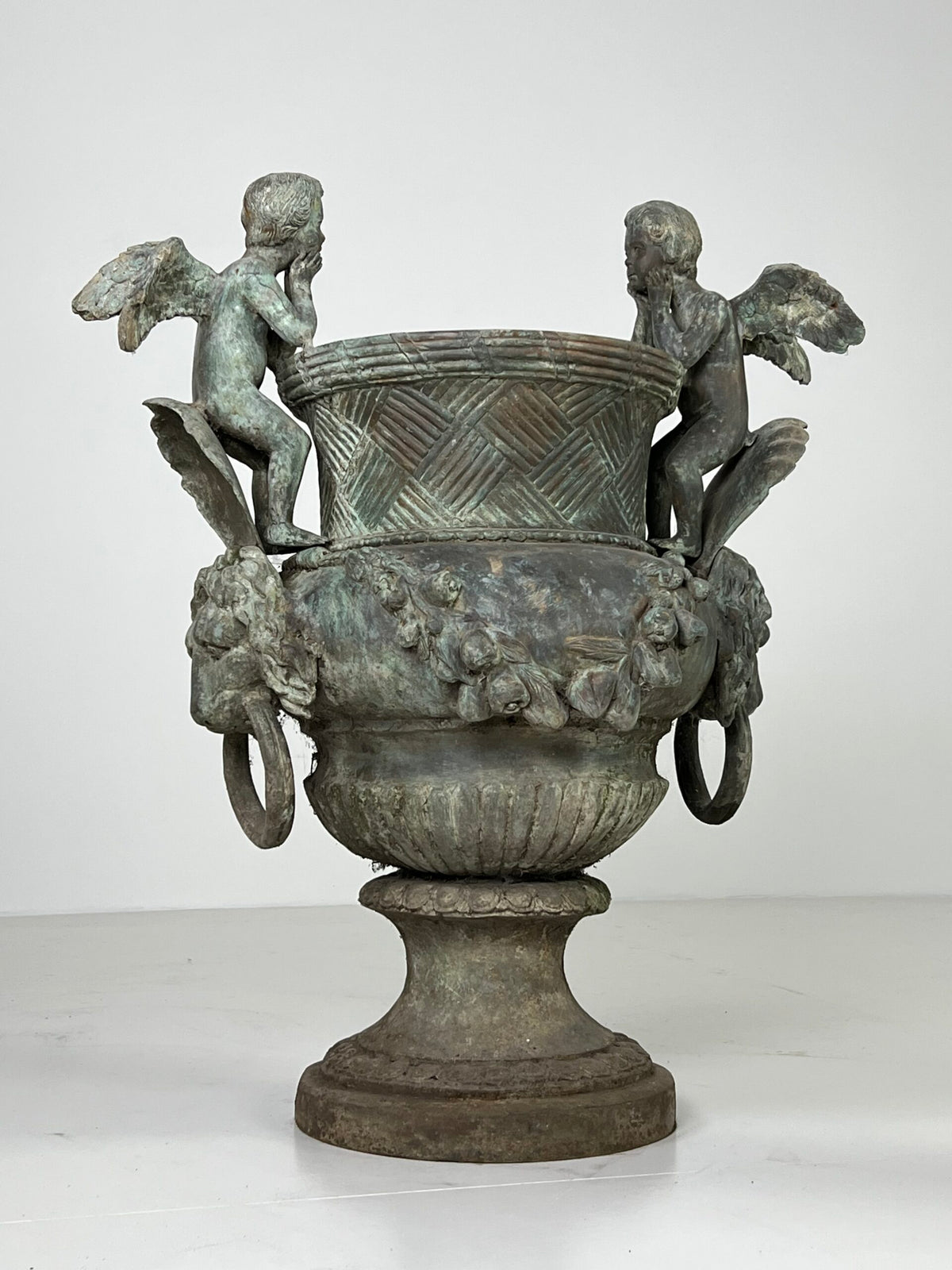 Pair of Large Bronze Garden Urns with Seated Angels, photo 13
