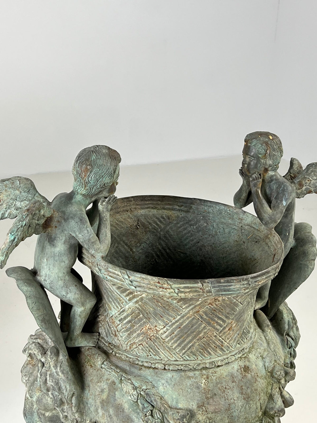 Pair of Large Bronze Garden Urns with Seated Angels, photo 9