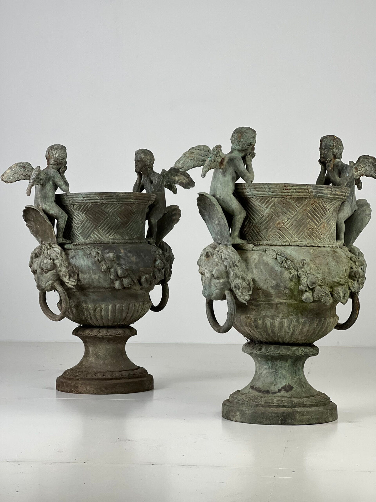 Pair of Large Bronze Garden Urns with Seated Angels, photo 3