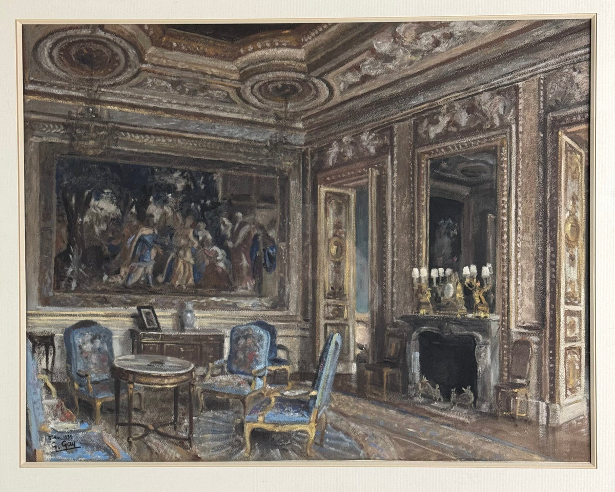 Pastel Drawing of a French Chateau Salon, Signed G. Gay, 1939, photo 2