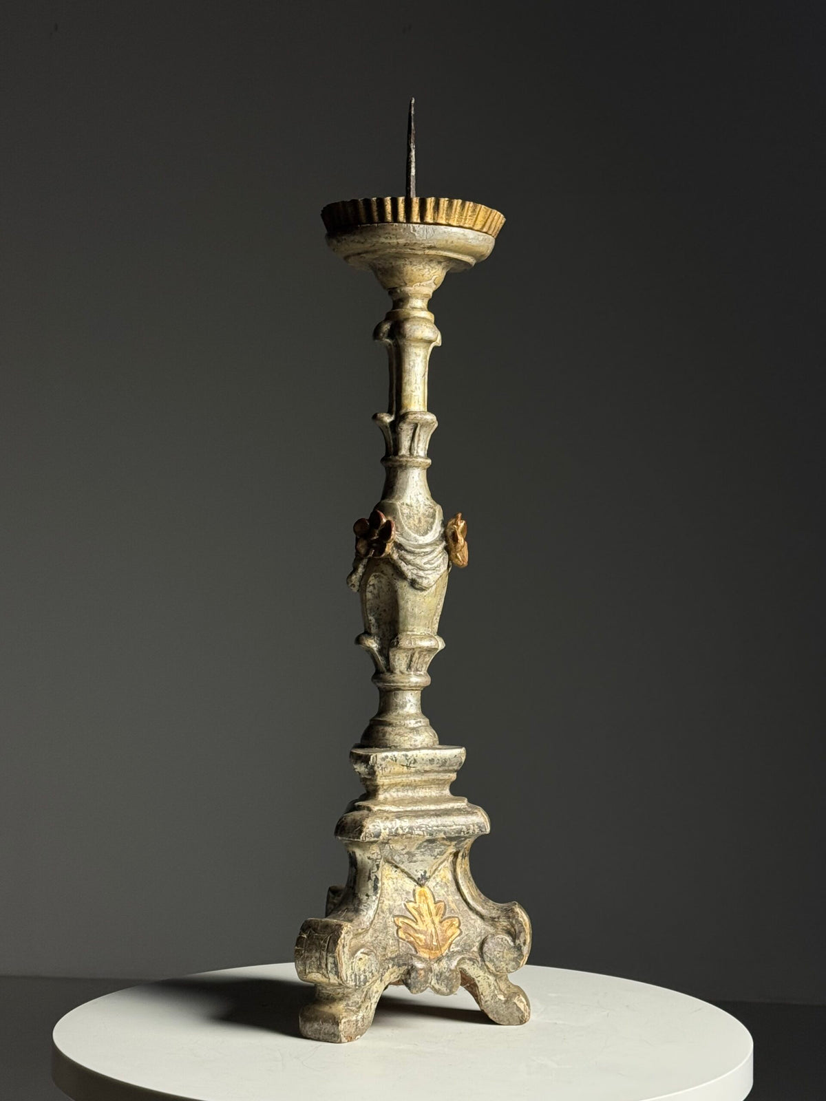 Italian Hand Carved Silvered Wooden Candlestick, 18th Century, photo 1