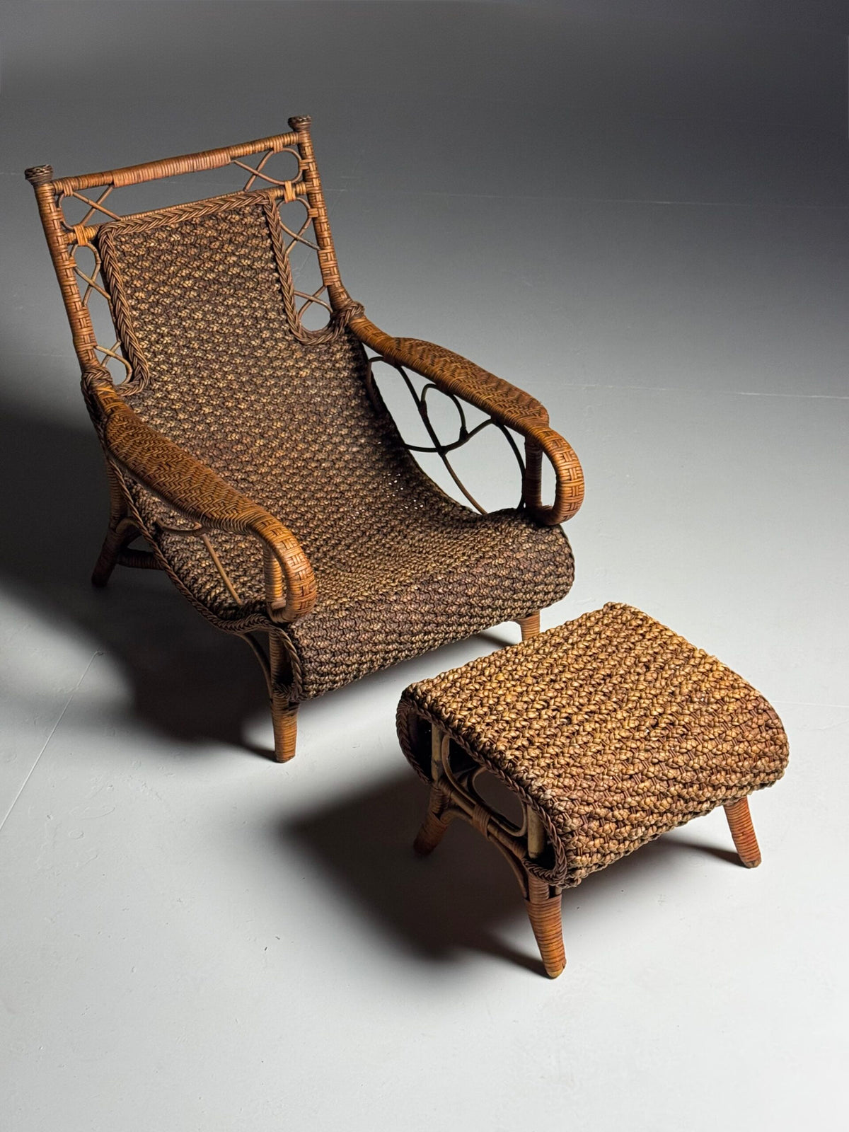 Vintage French Rattan Armchair with Footstool, photo 3