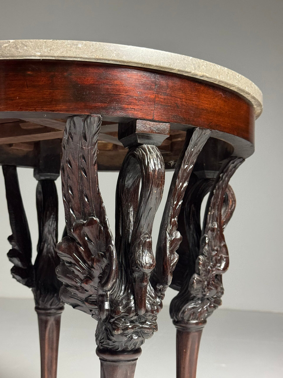 Empire Mahogany Gueridon with Grey Marble Top and Swan Legs, photo 18