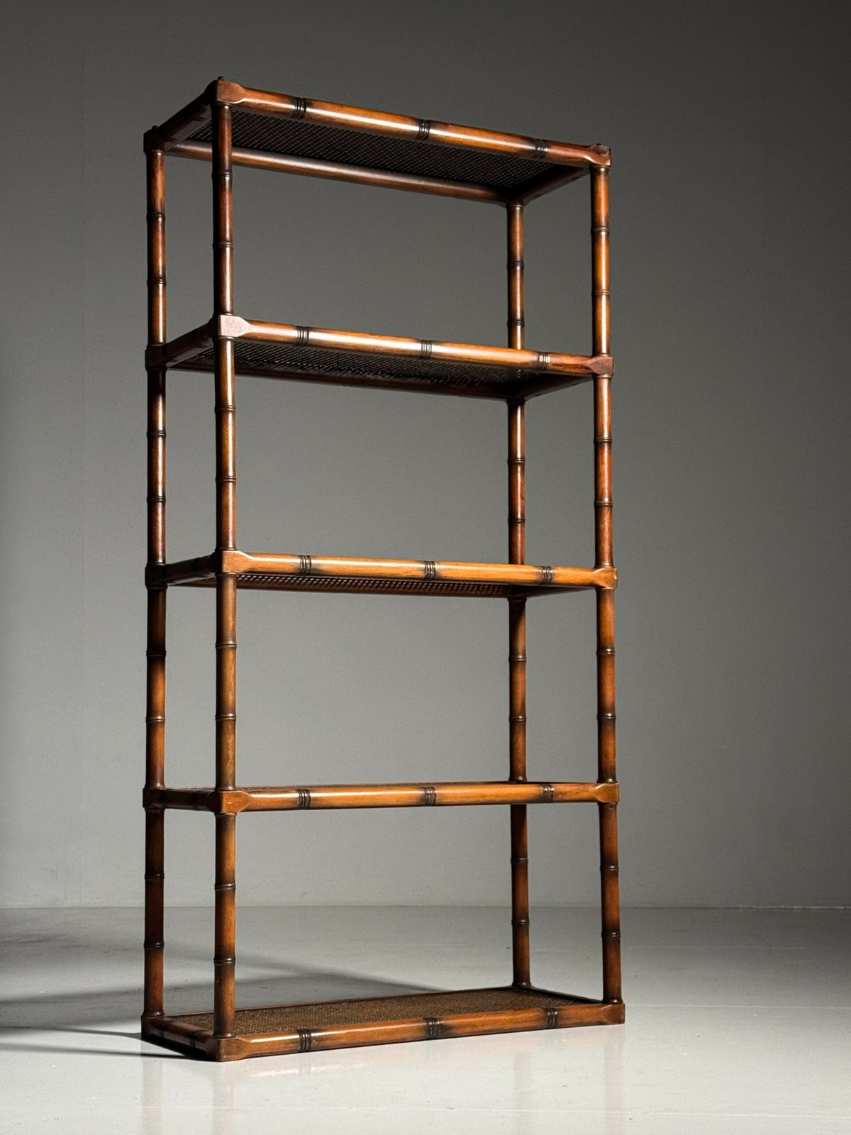 Faux Bamboo Bookcase with Webbing and Glass Shelves, 1980s, photo 2