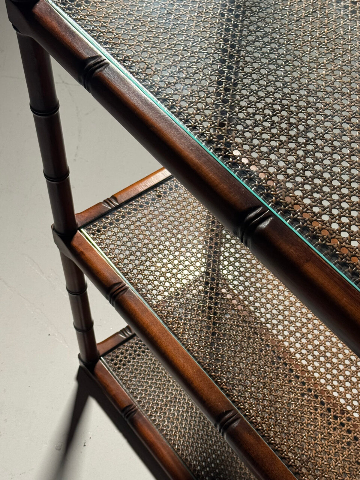 Faux Bamboo Bookcase with Webbing and Glass Shelves, 1980s, photo 11