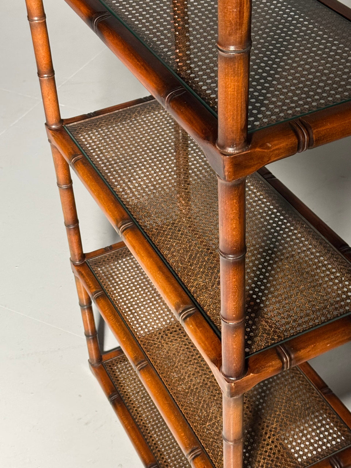 Faux Bamboo Bookcase with Webbing and Glass Shelves, 1980s, photo 18