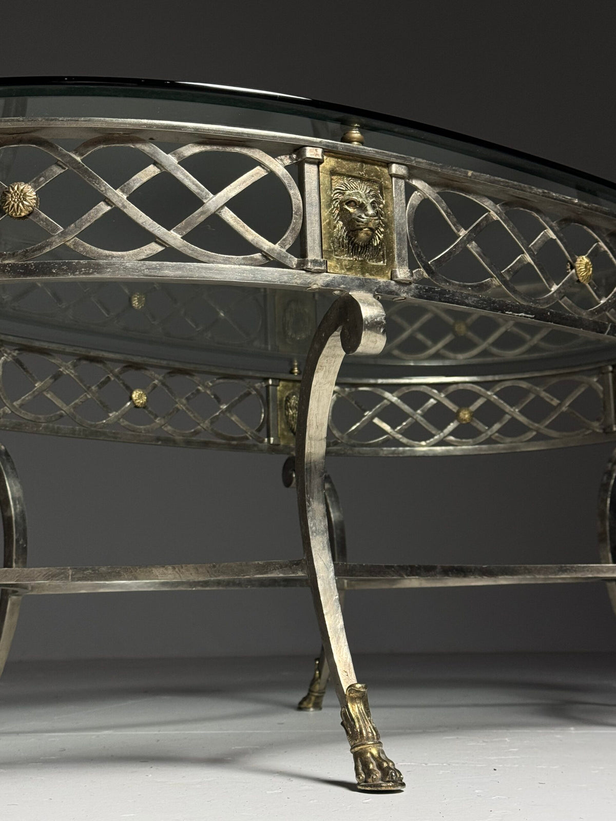 Empire Style Oval Metal Coffee Table with Faceted Glass Top, photo 24