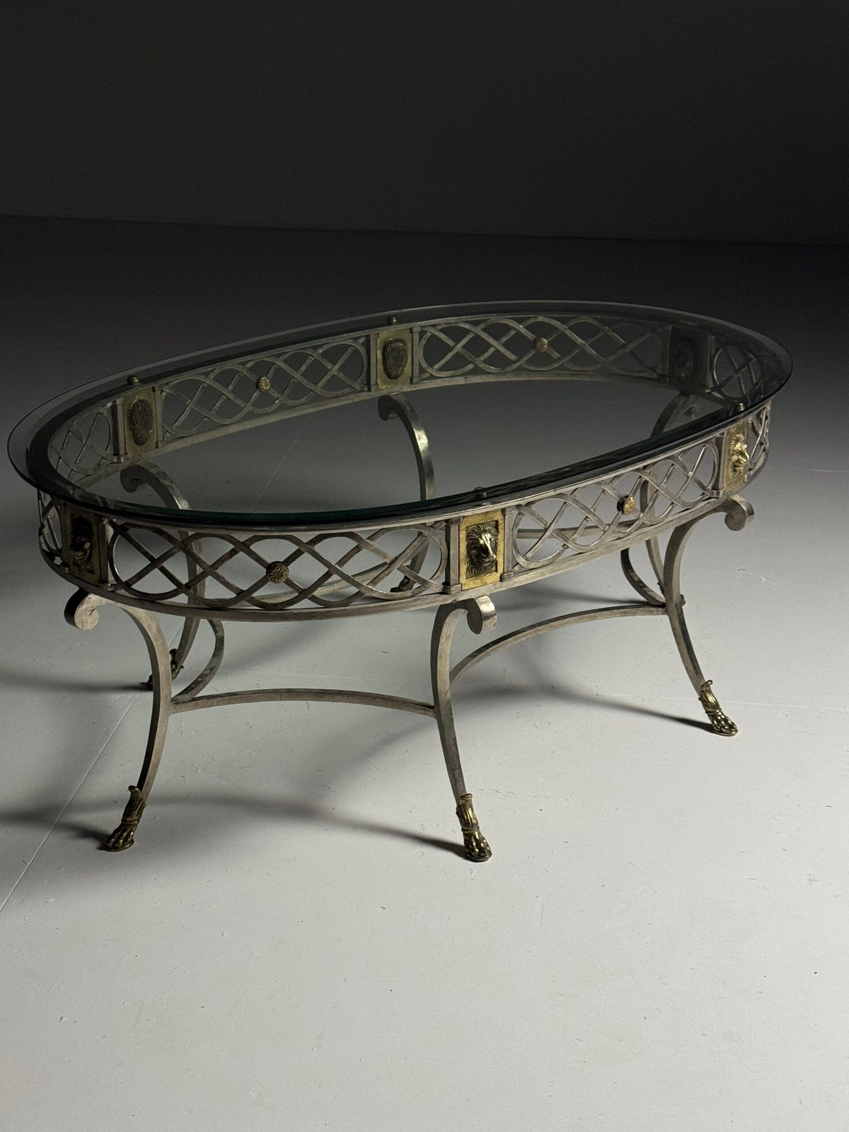 Empire Style Oval Metal Coffee Table with Faceted Glass Top, photo 11