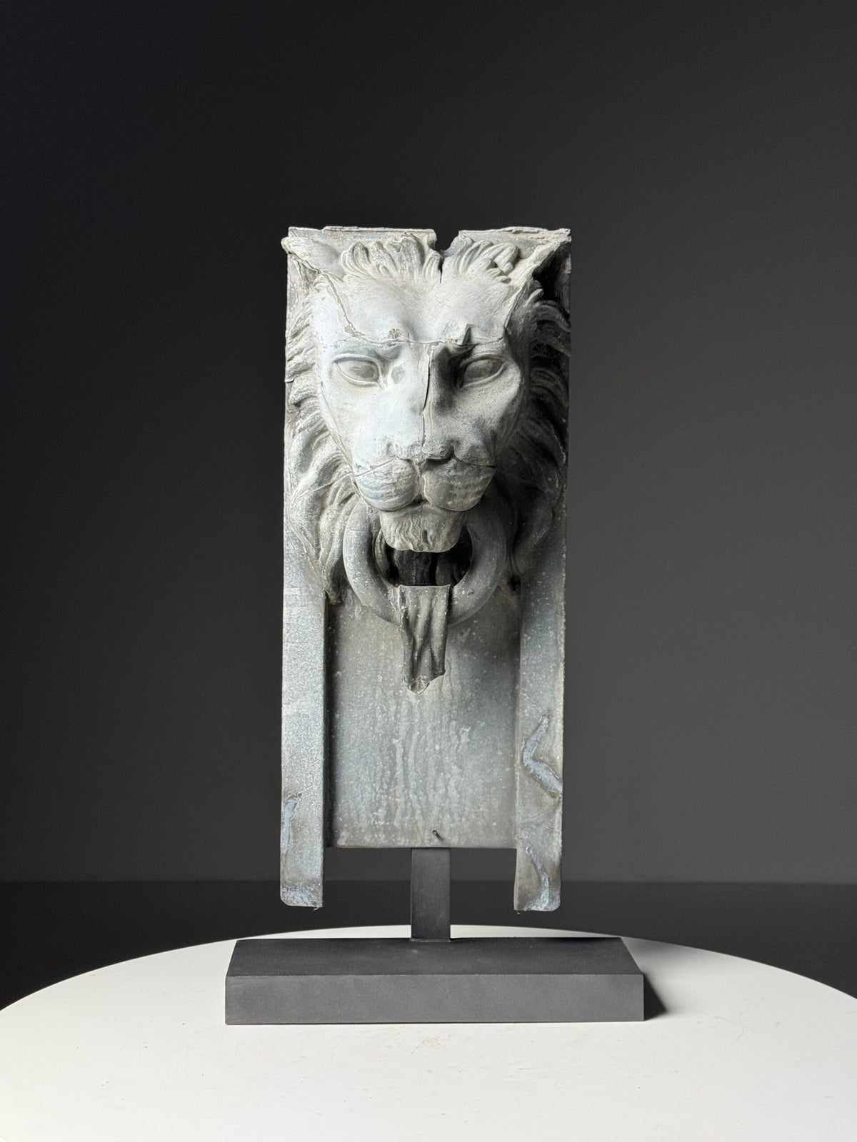 Zinc Lion's Head Fragment on Custom Stand, c. 1900, photo 1
