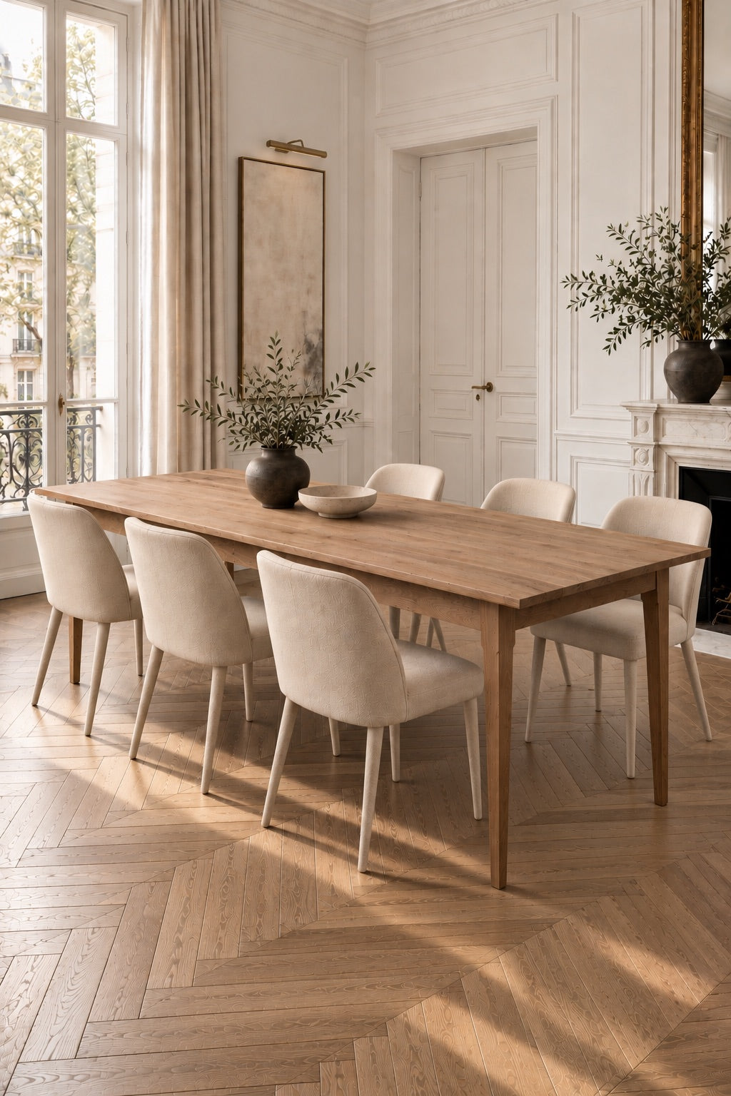 Handmade French style oak dining table in a Paris interior
